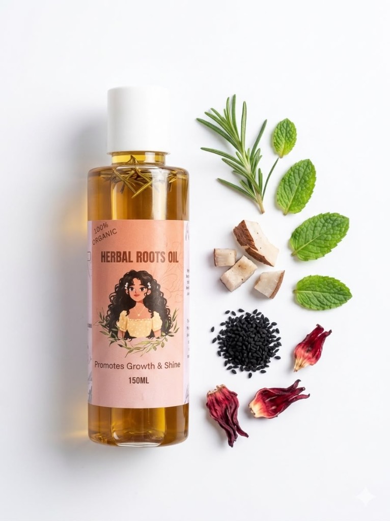 Herbal Roots Oil bottle — pure herbal ingredients